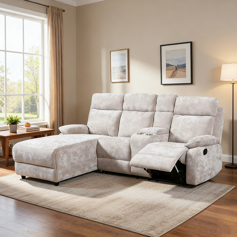Sofá secional chaise de chenille com pufe