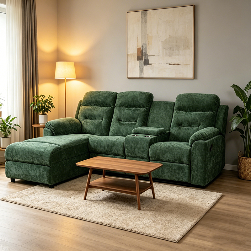Espreguiçadeira reclinável manual verde para 3 pessoas secional com console de armazenamento